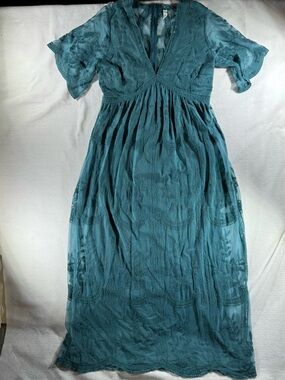 Pink Blush Teal Lace Mesh Overlay Maxi Dress Maternity Women’s Large Crochet